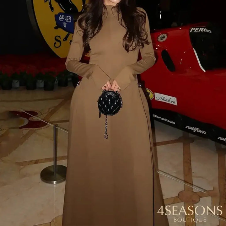 Ellafads Women’s Clothes Maxi Dress Casual Simple Long Sleeve Round Neck Solid Nipped Waist Dresses For Female Olive