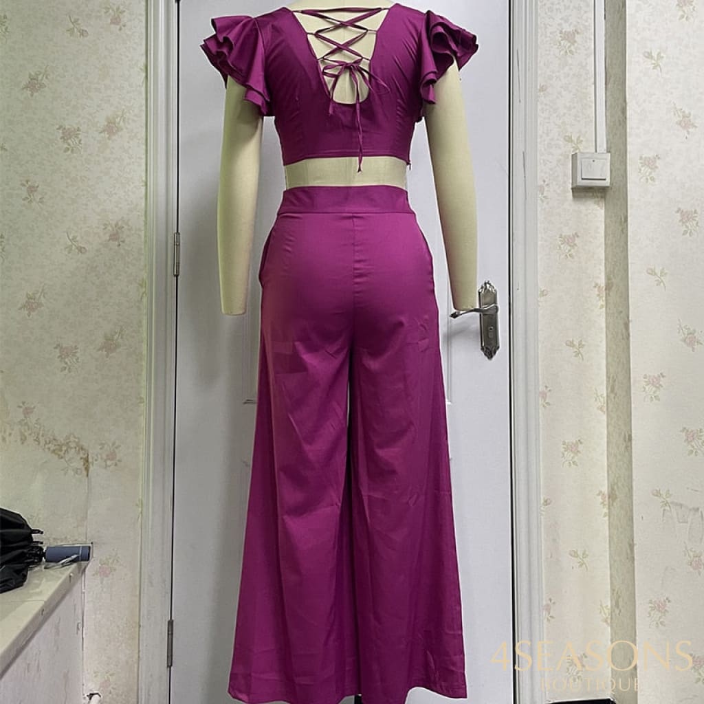 Ellafads Women's Two Piece Set Butterfly Sleeve Solid Color Two-Piece Sexy V-Neck Top Wide Leg