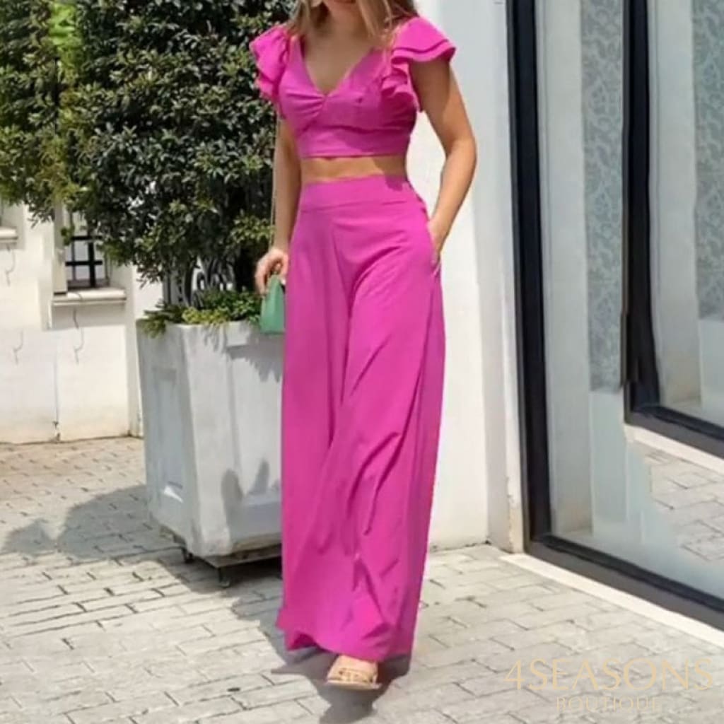 Ellafads Women's Two Piece Set Butterfly Sleeve Solid Color Two-Piece Sexy V-Neck Top Wide Leg