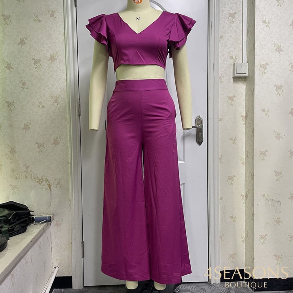 Ellafads Women's Two Piece Set Butterfly Sleeve Solid Color Two-Piece Sexy V-Neck Top Wide Leg