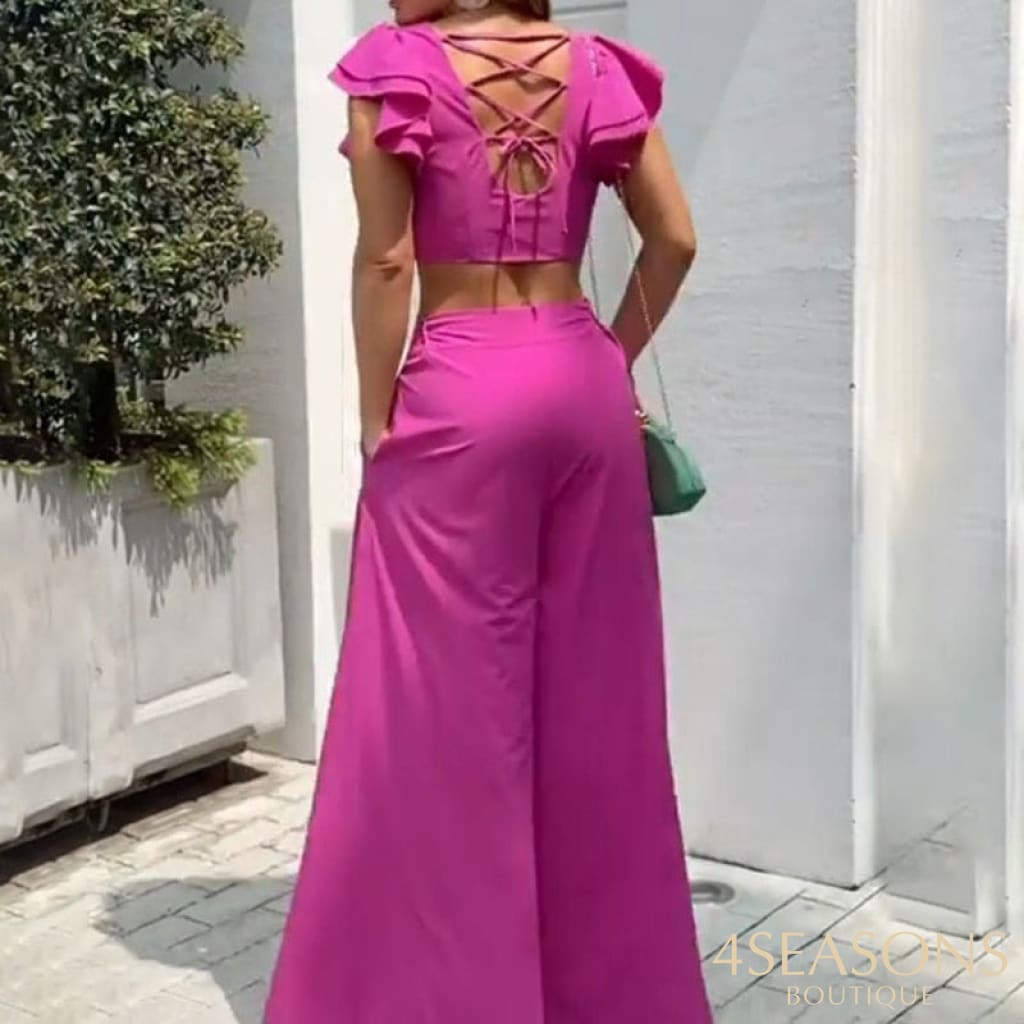 Ellafads Women's Two Piece Set Butterfly Sleeve Solid Color Two-Piece Sexy V-Neck Top Wide Leg