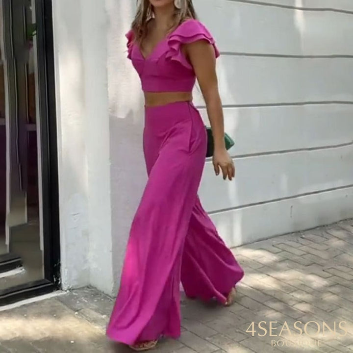 Ellafads Women's Two Piece Set Butterfly Sleeve Solid Color Two-Piece Sexy V-Neck Top Wide Leg