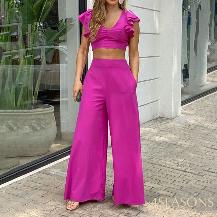 Ellafads Women's Two Piece Set Butterfly Sleeve Solid Color Two-Piece Sexy V-Neck Top Wide Leg