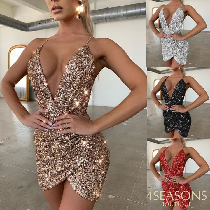 Ellolace Elegant Sexy Deep-V Party Shinny Dresses Women 2020 Ladies Club Night Slleeveless Midi