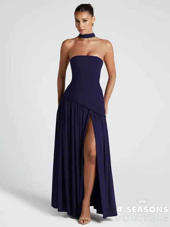 Mozision Elegant Off-shoulder Sexy Maxi Dress Women Gown Scarf Collar Strapless Sleeveless Backless High Split Long