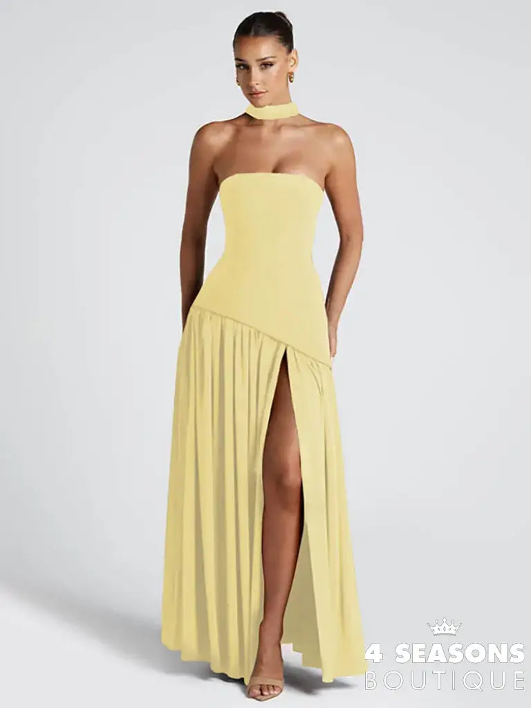 Mozision Elegant Off-shoulder Sexy Maxi Dress Women Gown Scarf Collar Strapless Sleeveless Backless High Split Long