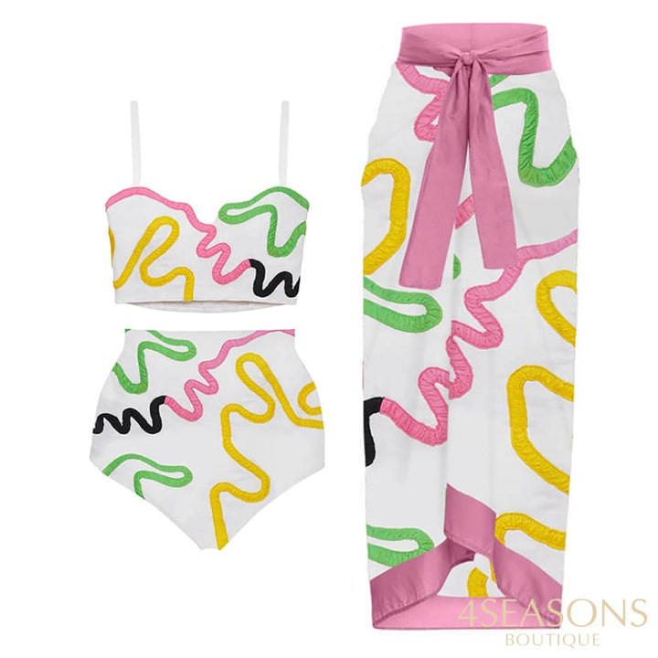 Fashion Color Line Print Bikini Set Sling Split High Waist Cropped Swimsuit Women Backless Sexy