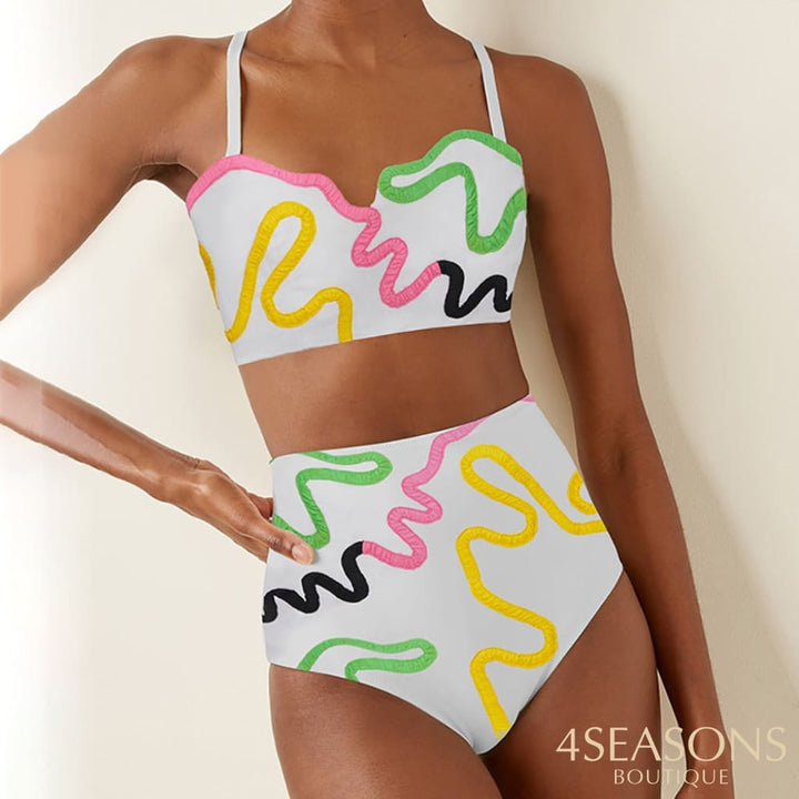 Fashion Color Line Print Bikini Set Sling Split High Waist Cropped Swimsuit Women Backless Sexy