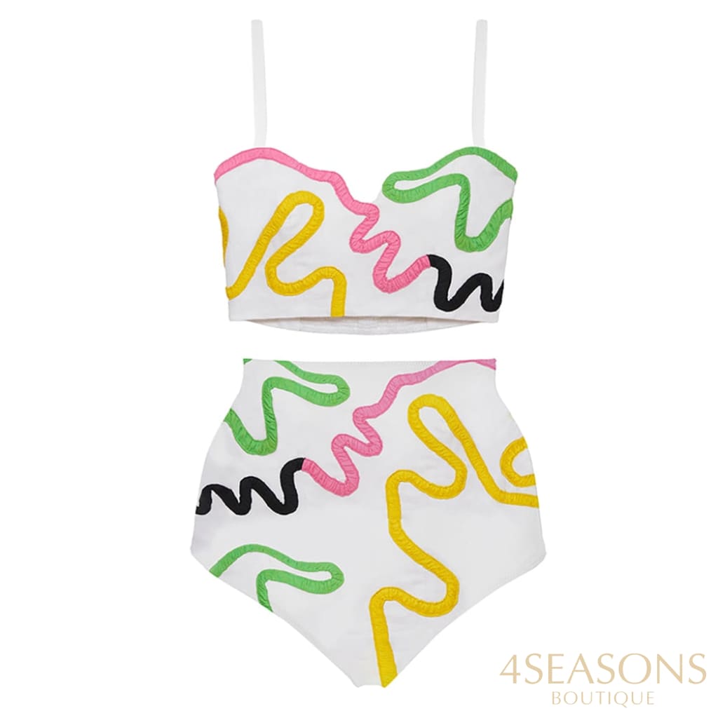 Fashion Color Line Print Bikini Set Sling Split High Waist Cropped Swimsuit Women Backless Sexy