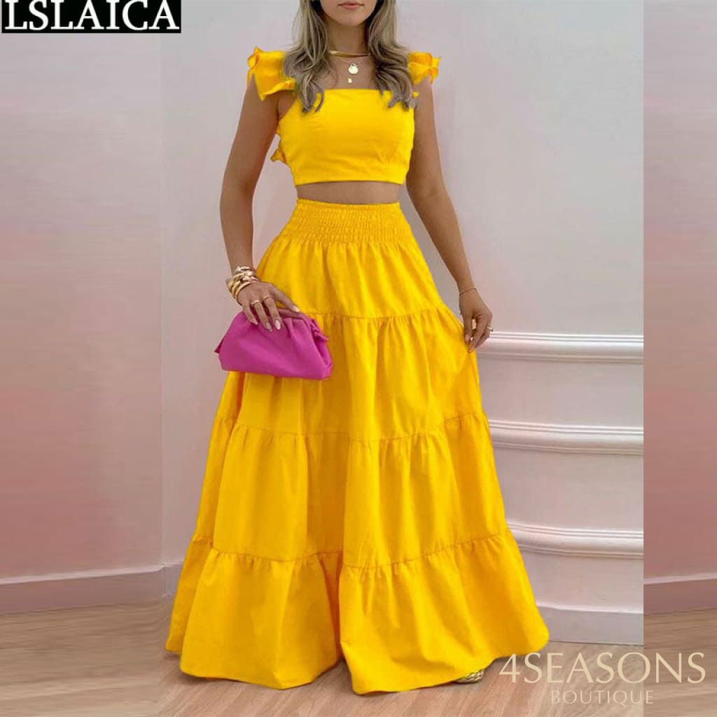 Fashion Two Piece Sets Womens Outifits Summer Crop Top &amp; High Waist Loose Maxi Skirts Set 2022
