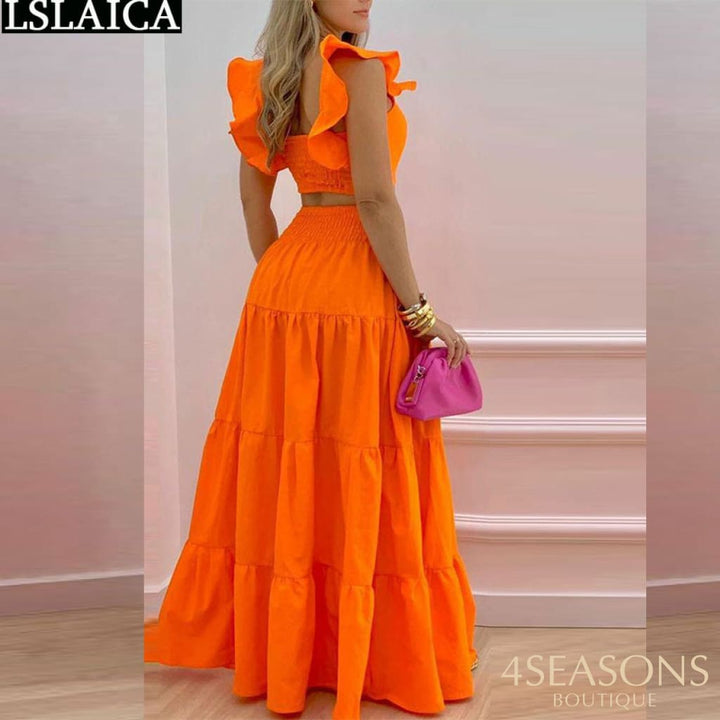 Fashion Two Piece Sets Womens Outifits Summer Crop Top &amp; High Waist Loose Maxi Skirts Set 2022