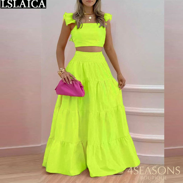 Fashion Two Piece Sets Womens Outifits Summer Crop Top &amp; High Waist Loose Maxi Skirts Set 2022