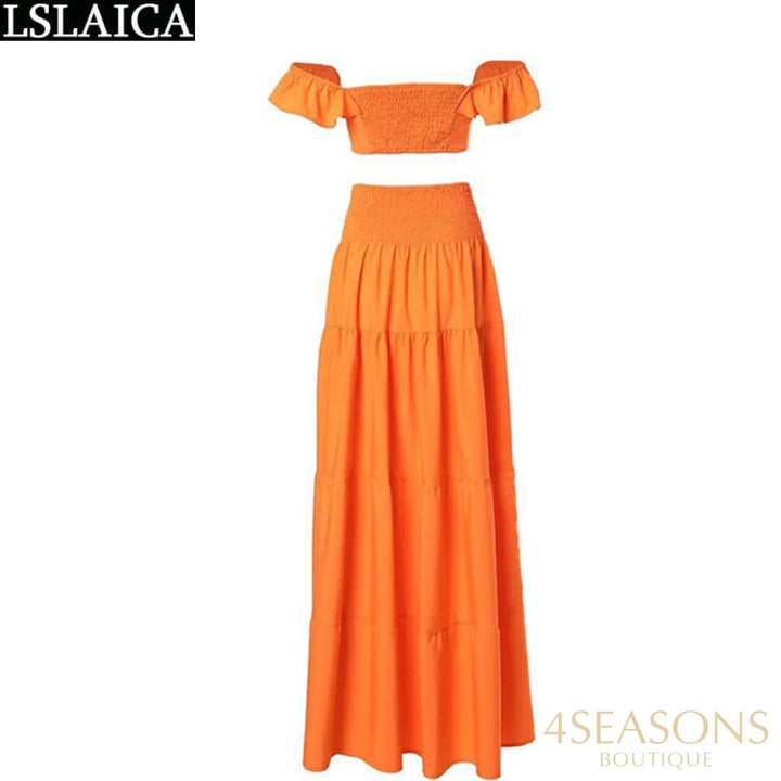 Fashion Two Piece Sets Womens Outifits Summer Crop Top &amp; High Waist Loose Maxi Skirts Set 2022