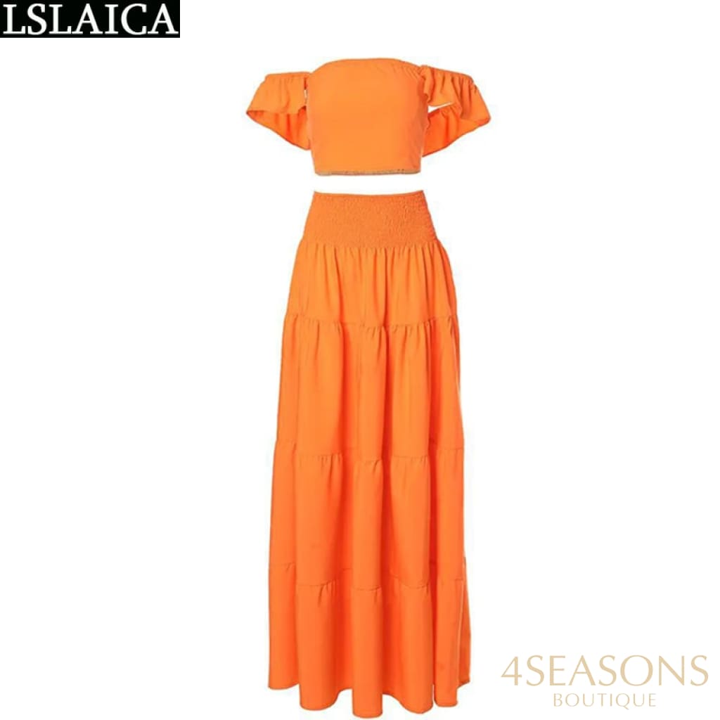 Fashion Two Piece Sets Womens Outifits Summer Crop Top &amp; High Waist Loose Maxi Skirts Set 2022