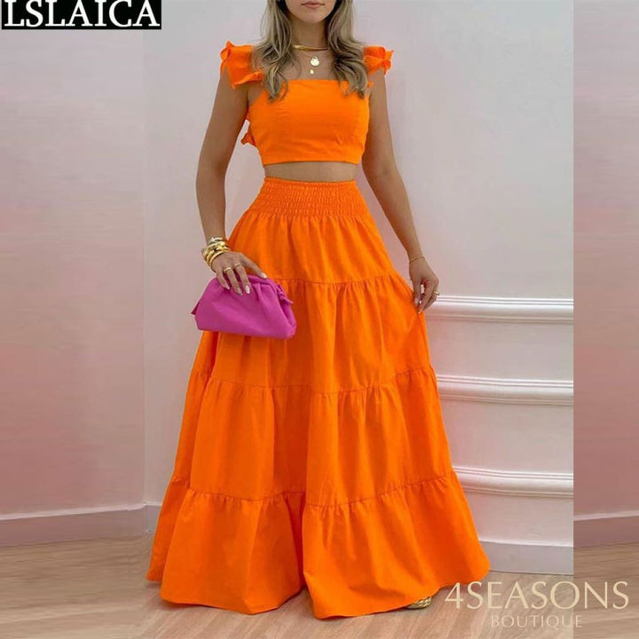Fashion Two Piece Sets Womens Outifits Summer Crop Top &amp; High Waist Loose Maxi Skirts Set 2022