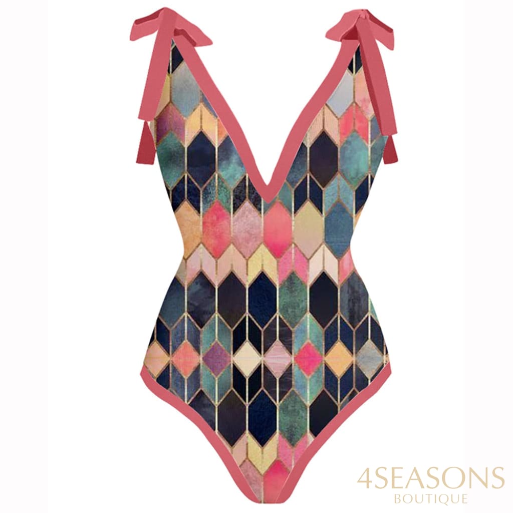 Fashion V-Neck Colorblock Print One-Piece Swimsuit And Skirt Panel Bikini Set Women Bathing Suit