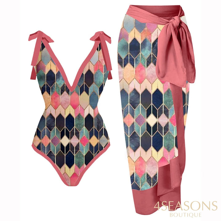 Fashion V-Neck Colorblock Print One-Piece Swimsuit And Skirt Panel Bikini Set Women Bathing Suit
