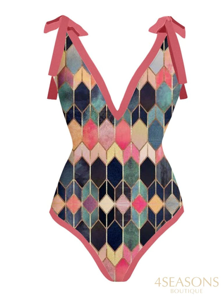 Fashion V-Neck Colorblock Print One-Piece Swimsuit And Skirt Panel Bikini Set Women Bathing Suit