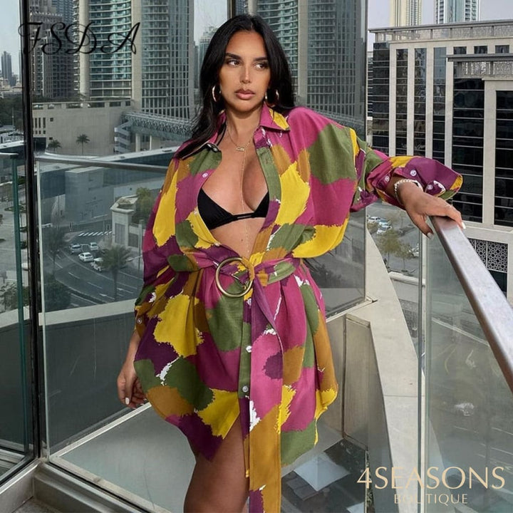 Fsda 2021 Floral Print Long Sleeve Dress Women A Line With Belt Beach Summer Spring Sexy V Neck