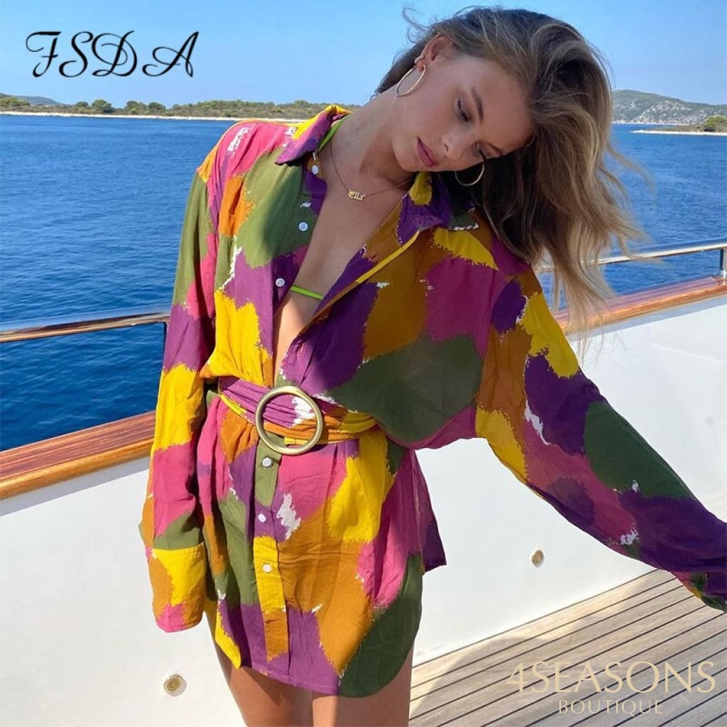 Fsda 2021 Floral Print Long Sleeve Dress Women A Line With Belt Beach Summer Spring Sexy V Neck