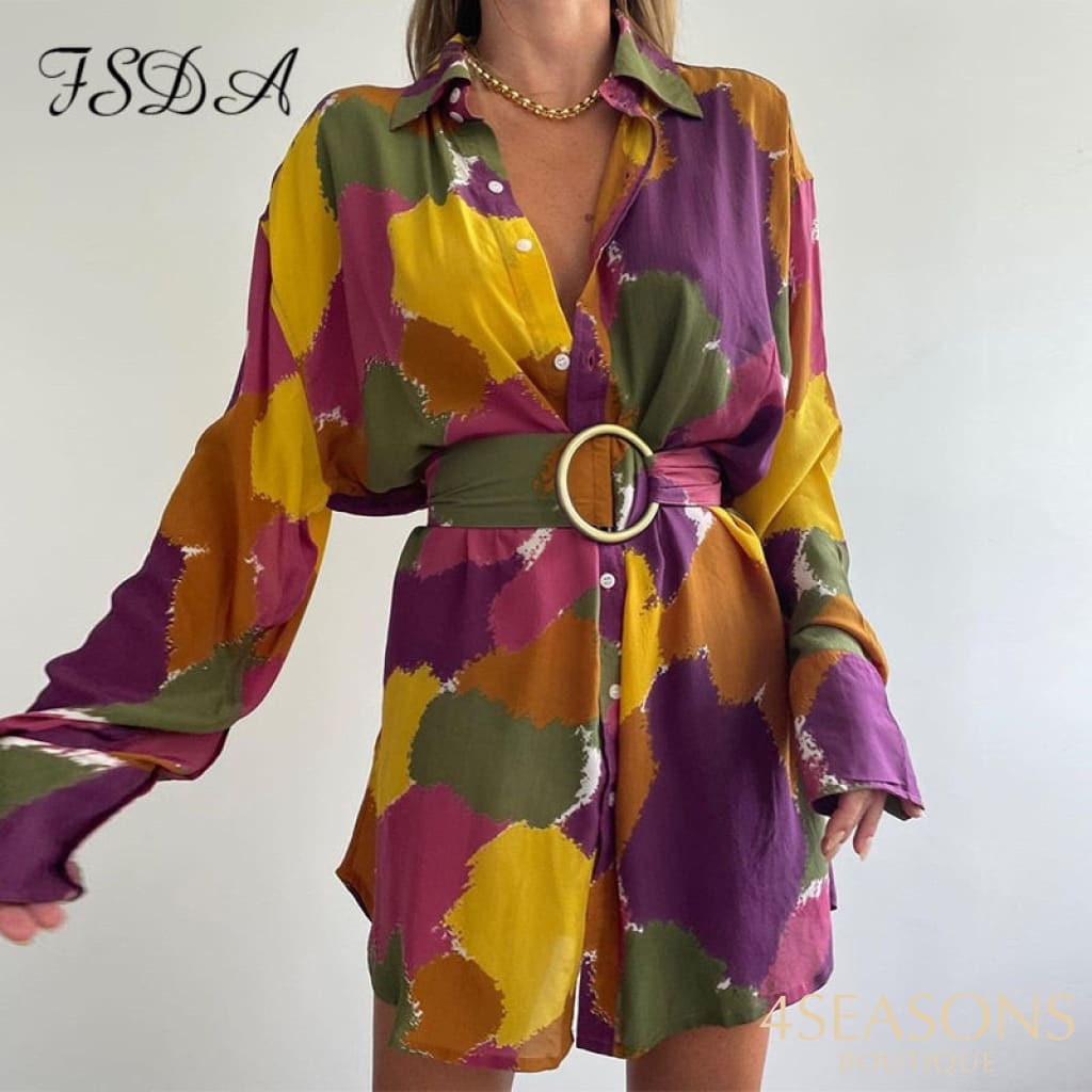 Vestido curto floral manga longa evasê com cinto decote V casual praia verão feminino Fsda