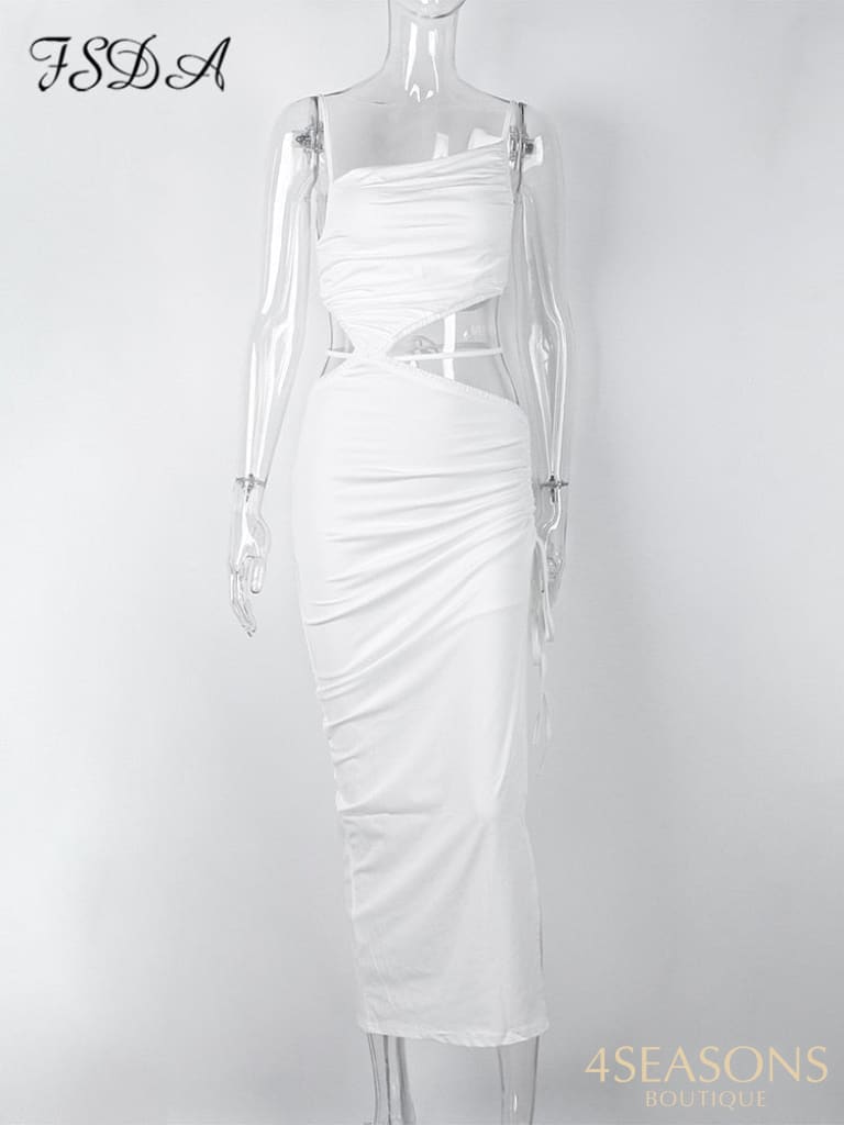 Fsda Green Beach Midi Dress Bodycon Women Hollow Out 2022 Summer White Sleeveless Backless Sexy