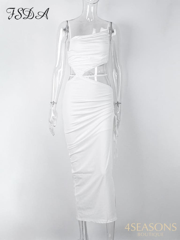 Fsda Green Beach Midi Dress Bodycon Women Hollow Out 2022 Summer White Sleeveless Backless Sexy