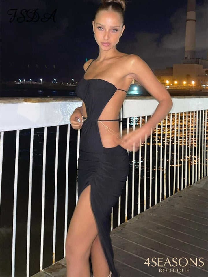 Fsda Green Beach Midi Dress Bodycon Women Hollow Out 2022 Summer White Sleeveless Backless Sexy