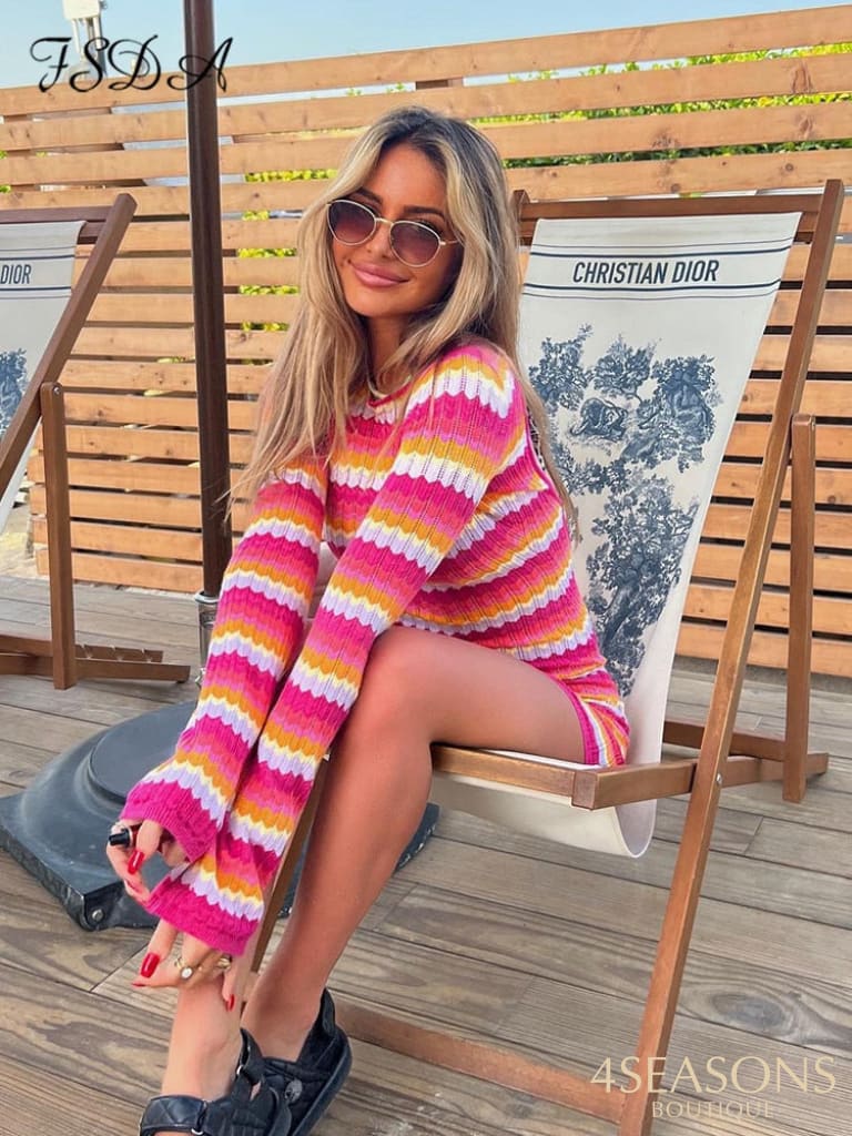 Fsda Stripe Knit Women Beach Dress Bodycon Backless Long Sleeve Green Y2K 2022 Casual Summer Holiday