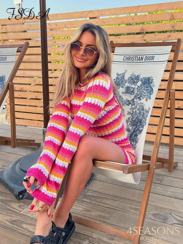 Fsda Stripe Knit Women Beach Dress Bodycon Backless Long Sleeve Green Y2K 2022 Casual Summer Holiday