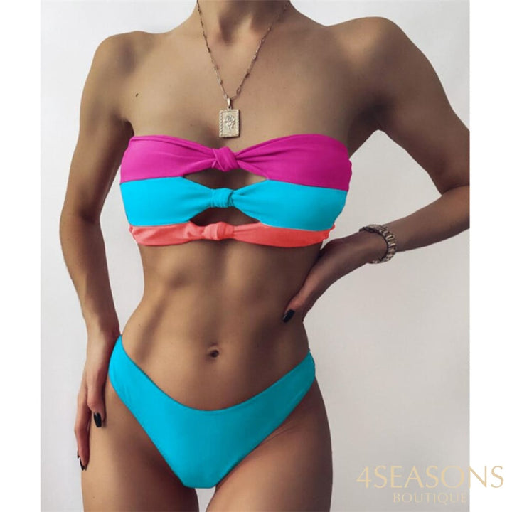 Gnim Sexy Bandeau Swimsuit Bikini Set 2021 Summer Three Colors Patchwork Swimwear Women Push Up 2
