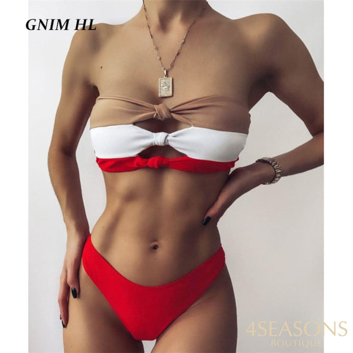 Gnim Sexy Bandeau Swimsuit Bikini Set 2021 Summer Three Colors Patchwork Swimwear Women Push Up 2