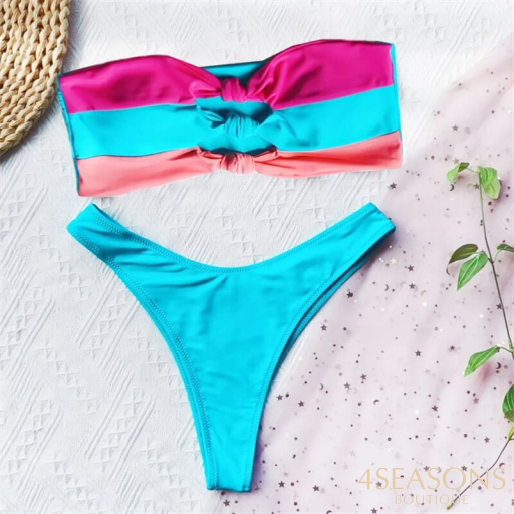 Gnim Sexy Bandeau Swimsuit Bikini Set 2021 Summer Three Colors Patchwork Swimwear Women Push Up 2