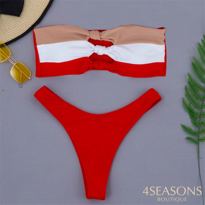 Gnim Sexy Bandeau Swimsuit Bikini Set 2021 Summer Three Colors Patchwork Swimwear Women Push Up 2
