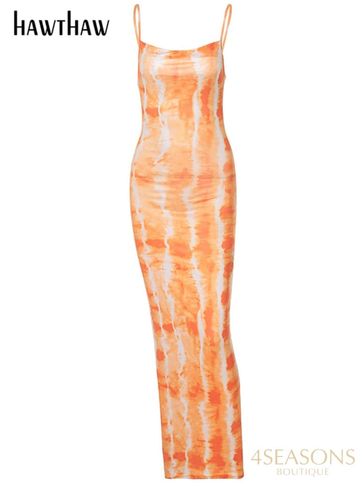 Hawthaw Women Summer Party Sleeveless Slim Printed Bodycon Beach Long Dress 2021 Female Clothing