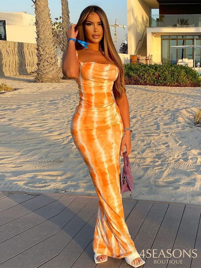 Hawthaw Women Summer Party Sleeveless Slim Printed Bodycon Beach Long Dress 2021 Female Clothing