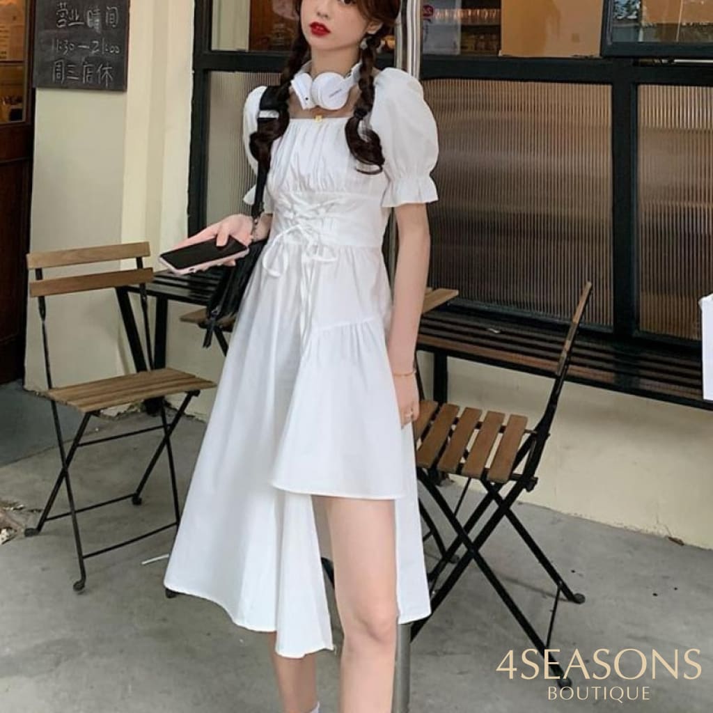 Houzhou Women's White Dress Summer Elegant Vintage Kawaii Puff Sleeve Midi Square Collar Bandage