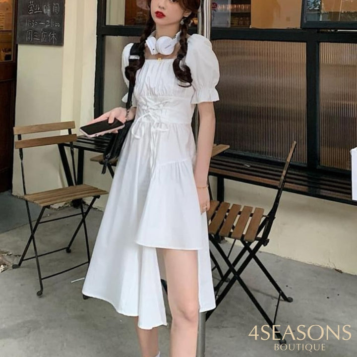 Houzhou Women's White Dress Summer Elegant Vintage Kawaii Puff Sleeve Midi Square Collar Bandage