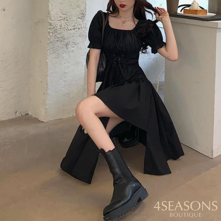 Houzhou Women's White Dress Summer Elegant Vintage Kawaii Puff Sleeve Midi Square Collar Bandage