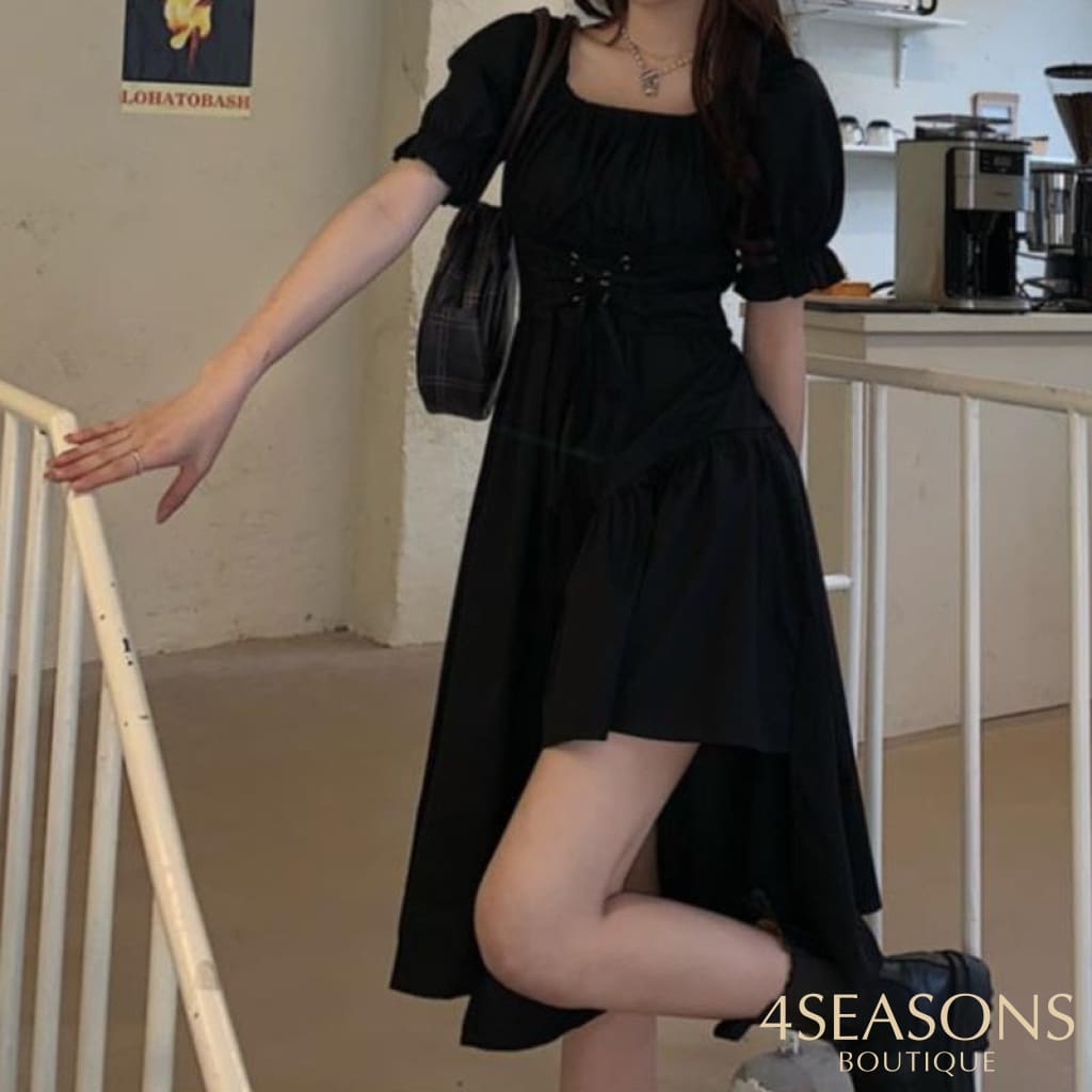 Houzhou Women's White Dress Summer Elegant Vintage Kawaii Puff Sleeve Midi Square Collar Bandage