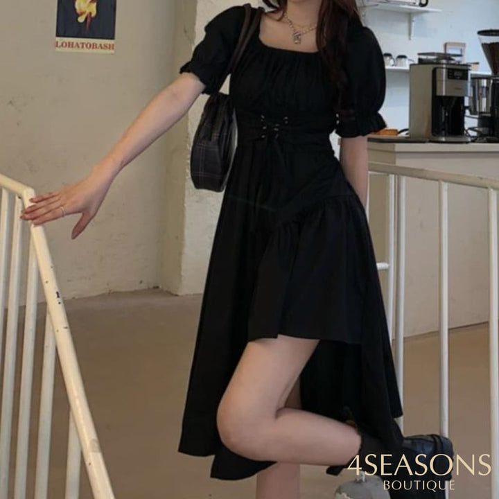Houzhou Women's White Dress Summer Elegant Vintage Kawaii Puff Sleeve Midi Square Collar Bandage
