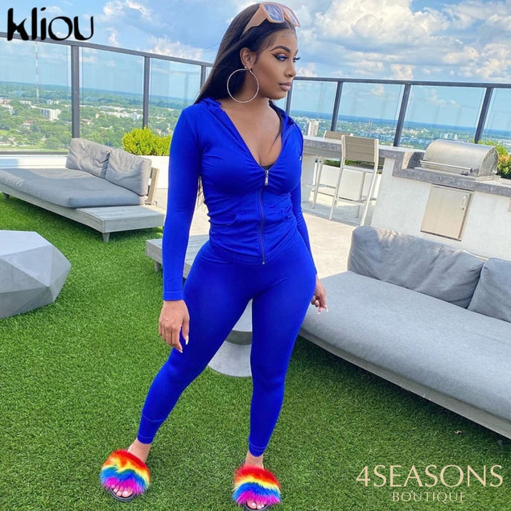 Kliou Autumn Two Piece Set Women Long Sleeve Hooded Zipper Pocket Sporty Jackets+Leggings Matching