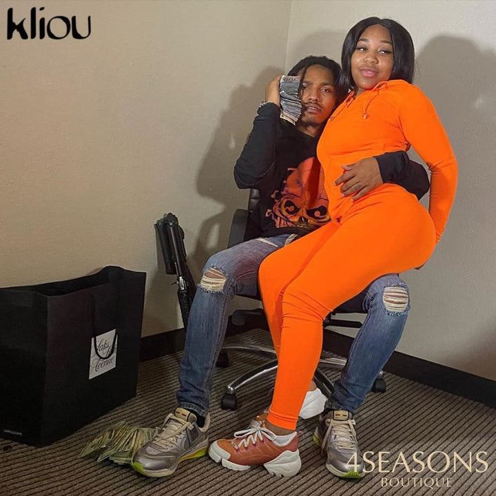 Kliou Autumn Two Piece Set Women Long Sleeve Hooded Zipper Pocket Sporty Jackets+Leggings Matching