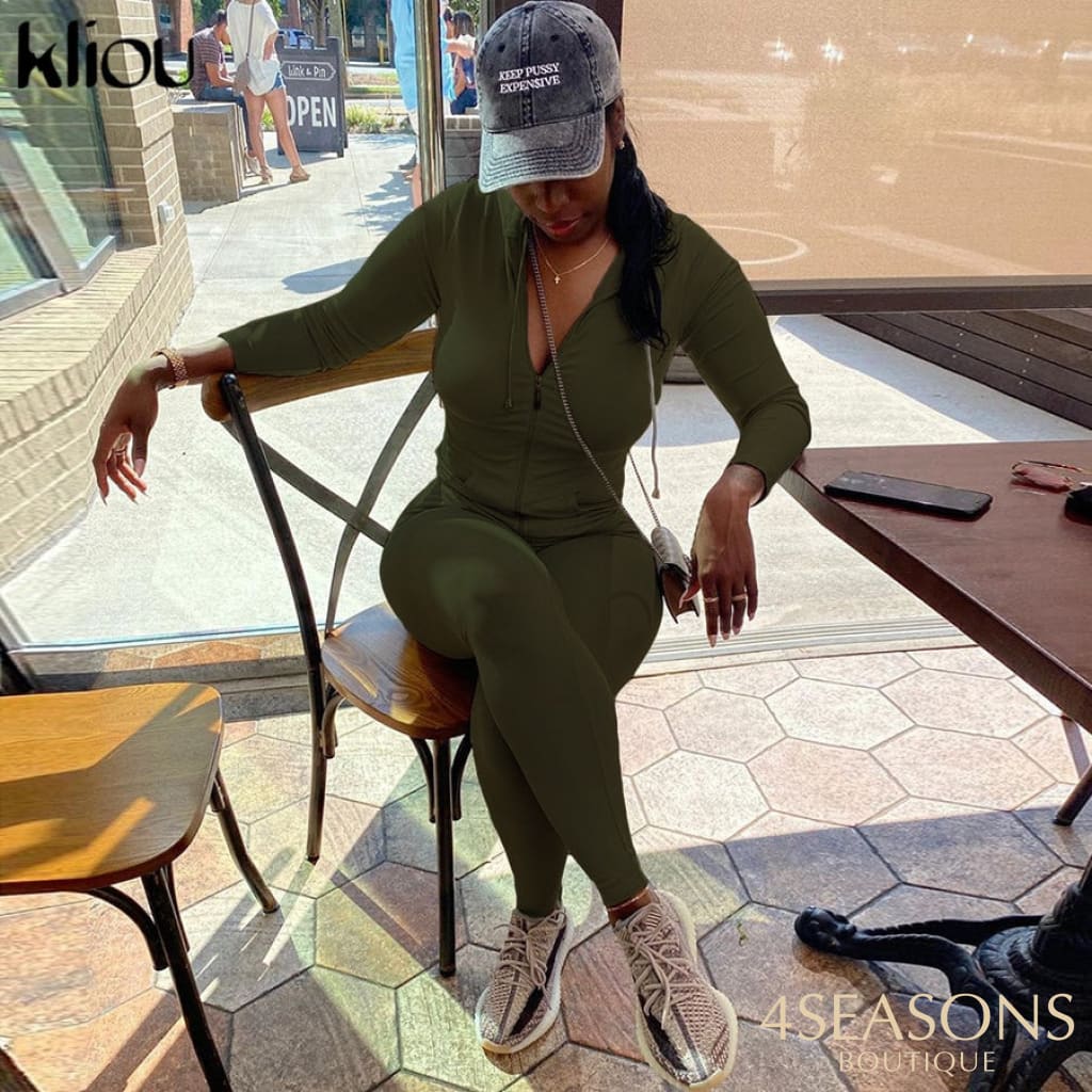 Kliou Autumn Two Piece Set Women Long Sleeve Hooded Zipper Pocket Sporty Jackets+Leggings Matching
