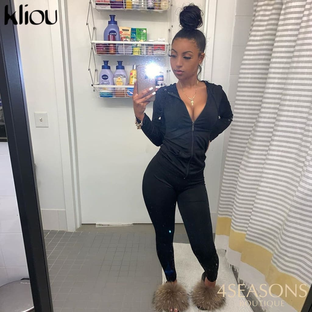 Kliou Autumn Two Piece Set Women Long Sleeve Hooded Zipper Pocket Sporty Jackets+Leggings Matching