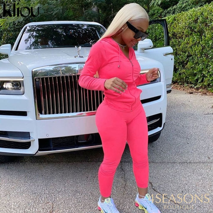 Kliou Autumn Two Piece Set Women Long Sleeve Hooded Zipper Pocket Sporty Jackets+Leggings Matching