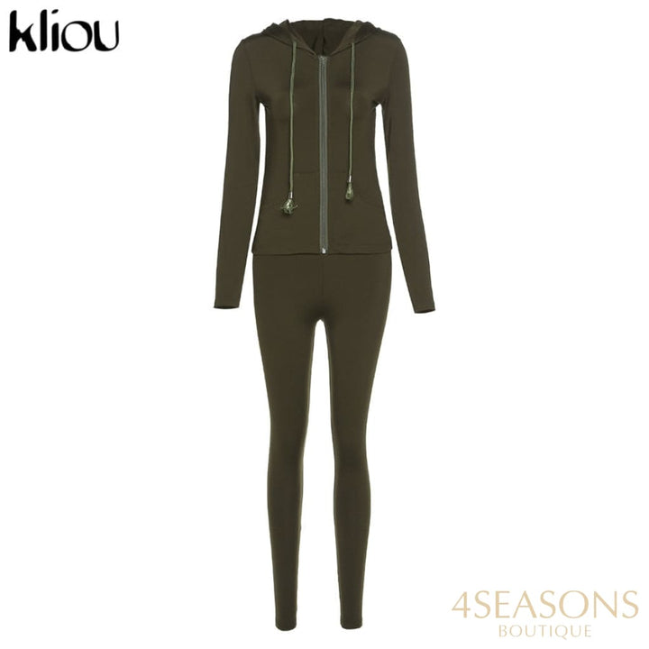 Kliou Autumn Two Piece Set Women Long Sleeve Hooded Zipper Pocket Sporty Jackets+Leggings Matching