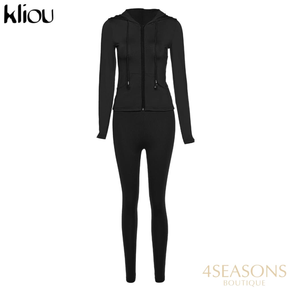 Kliou Autumn Two Piece Set Women Long Sleeve Hooded Zipper Pocket Sporty Jackets+Leggings Matching