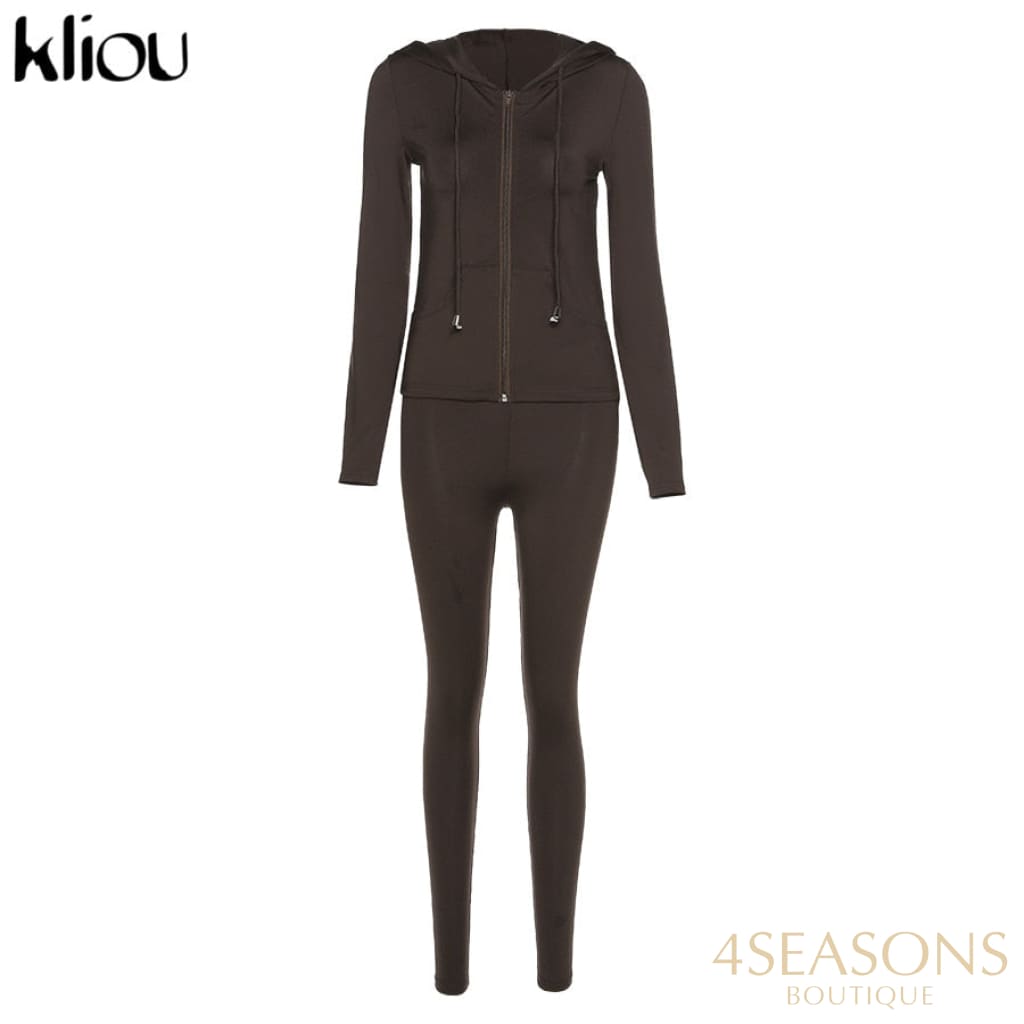Kliou Autumn Two Piece Set Women Long Sleeve Hooded Zipper Pocket Sporty Jackets+Leggings Matching
