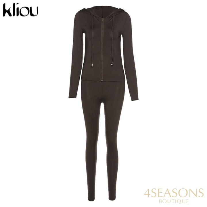 Kliou Autumn Two Piece Set Women Long Sleeve Hooded Zipper Pocket Sporty Jackets+Leggings Matching